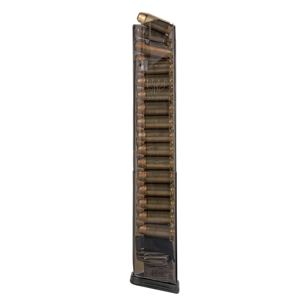 Elite Tactical Systems carbon smoke magazine for Glock 22 with visible ammo, showcasing advanced polymer and reliability features.